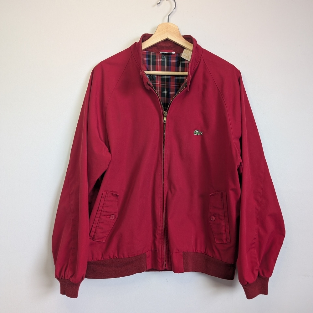 Vintage Izod Lacoste Bomber Jacket Mens Medium Zip Up Classic Red Plaid Lined